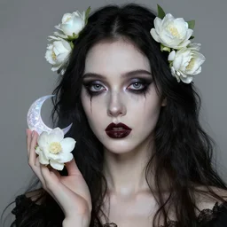 semi - realistic bizarre beautiful portrait gothic in style of hieronymus bosch anne stoke sharp focus with holographic jasmine and roses with a moon in her hand