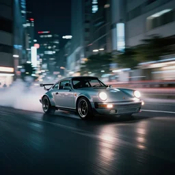 photo of a porsche 9 1 1 at night drifting through a city, cinematic, 4 k, long exposure photography, tokyo drift, fast and furious, film still, night photography, motion blur, lens flare, movie shot, light trail, distortion, wide angle, reflections