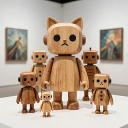 ultra realistic 8k octan photo, collection wooden art toys on stand, very cute robot zen with cat ear, in a contemporary art gallery in style bansky 😃