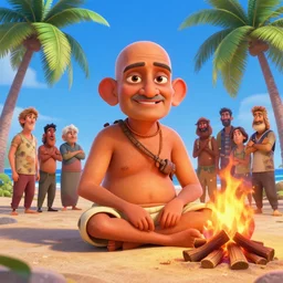 big head gandhi at the beach, sitting on the sand next to a campfire, with palm trees in the back, disney pixar zootopia, by artgerm, ilya kuvshinov katsuhiro villeneuve, jeremy lipkin and michael garmash and rob rey, by tristan eaton, stanley artgermm, tom bagshaw, greg rutkowski, carne griffiths, concept artwork, 3 d render, official art, promotional art, beautifully backlit, vibrant colour lines, detailed skin
