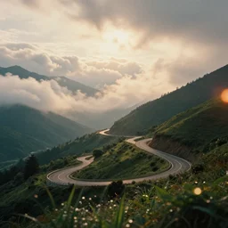 a 2 8 mm macro photo of a winding mountain highway, fluffy clouds at sunset, lush greenery, splash art, movie still, bokeh, canon 5 0 mm, cinematic lighting, dramatic, film, photography, golden hour, depth of field, award - winning, anamorphic lens flare, 8 k, hyper detailed, 3 5 mm film grain, hazy