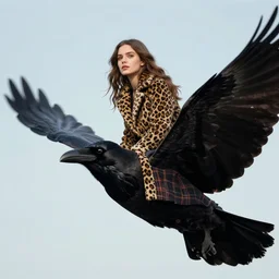 a beautiful girl with long brown hair and wearing a long leopard coat and a Lindsay Plaid skirt rides on the back of a giant Crow as it flies their the sky, Lens 50 mm, hyperreal