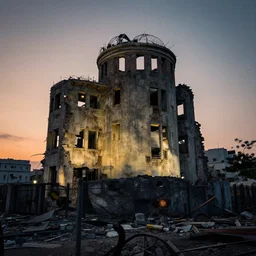 atomic bomb destroys japan, all ruins, dusk trending to artstation