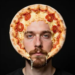 portrait of man with a rare medical condition making the head round like a pizza, head looks exactly like a pizza, doughy skin, mustache and beard looks like hanging strands of melted cheese, blemishes look like tomatoes, soft lighting, sharp focus, highly symmetrical, black background, masterpiece by morten krogvold