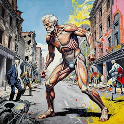 decollage painting old man struggle on a street of ruined city with his muscles and ligaments in incredible tension by adrian ghenie and takato yamamoto and edward hopper and mark ryden and tsutomu nihei, part by bridget riley, acrylic pour and splashing paint, very coherent, baroque elements, perfect anatomy, intricate design. pop art.