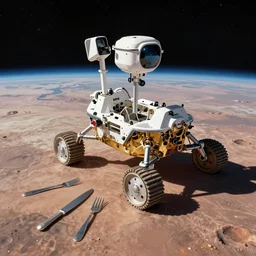 NASA's Culinarity rover probes the surface of the meat planet with knives and forks, high resolution space probe photograph from the surface of a newly discovered planet made of pork