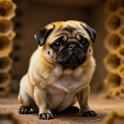bumblebee pug, soft and fluffy, macro photography, high resolution photo, cinematic lighting, beehive interior backgrounds, there is only one bumblepug, solo subject, solo!!!!!!!!!!!!!!!!!!!!!!!! trending on artstation,