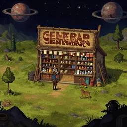 in front of a [ [ [ [ [ general store ] ] ] ] ] in a remote outpost, on an alien planet, from a space themed point and click 2 d graphic adventure game, set design inspired slightly by hg giger and [ [ tomb raider ] ], art inspired by [ [ thomas kinkade ] ] and greg rutkowski