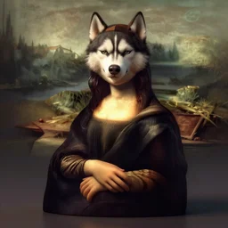 Husky face , Monalisa full body posture, 4k , highly detailed, cinematic lightening, atmospheric ,by artgerm; wayne reynolds art station; cinematic quality character render; low angle; ultra high quality model; production quality cinema model