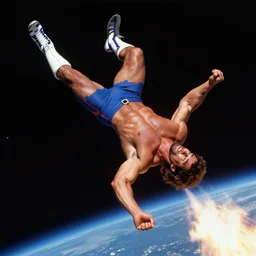 Macho Man Randy Savage performing elbow drop from orbit. Reentry burn, Space, Extreme wide shot, long shot, High Quality, 4k