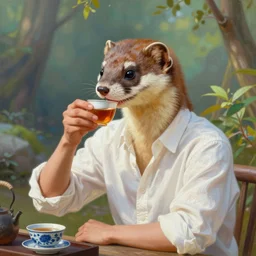 portrait painting of a weasel white shirt sat drinking chinese tea by wenjun lin, irakli nadar, bright colors, octopath traveler, wenjun lin, unreal engine 5 highly rendered, global illumination, radiant light, detailed and intricate environment