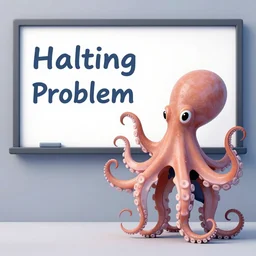 a humanoid octopus stands next to a screen and gives a lecture on alan turings halting problem.