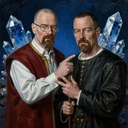 portrait of walter white and jesse pinkman from breaking bad with blue crystals, detailed oil painted by albrecht durer, classic pose, medieval dressed