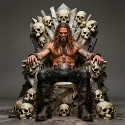 wide angle of jason momoa without shirt as lobo of dc comics, red eyes, scowling grin full body shot, sitting on an angular throne made of skulls, art by edward hopper
