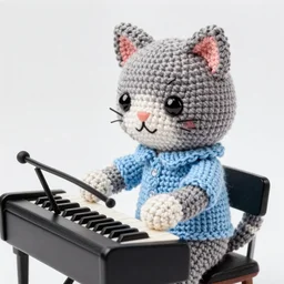 product image of a crochet gray cat in light blue shirt playing crochet piano. beautifully made, very detailed, studio lighting, high quality, high resolution