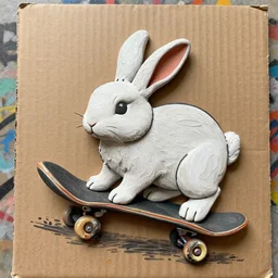 rabbit on a skateboard graffiti, paint, clay, cardboard, lineart, textured, impasto, trending on artstation, photorealistic, hd