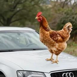 a chicken standing on top of a 2 0 0 1 audi a 4