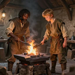 medieval peasant boy at forge talking to blacksmith, artstation, fantasy