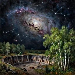 stunning landscape of unique nebula and constellations, dim quarry, lush birches, intricate details, digital art by rob gonsalves, oil on canvas by ivan shishkin