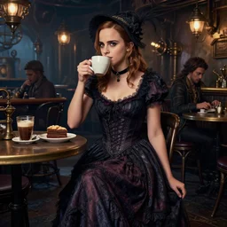 full body portrait photo of emma watson wearing a elegant gothic dress, open top, wearing a chocker and cute hat, drinking coffee in a ( ( busy ) ) steampunk cafe interior, dim studio lighting, at night, ( ( photograph ) ), moody, realistic, detailed, low light, skin tinted a warm tone, light blue filter. ( ( even lighting ) ), hdr, 8 k