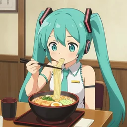 a anime cat girl Hatsune Miku eating noodles at a ramen cart in Japan