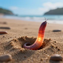 a professional photographic view picture of a worm emerging from the sand, photographic filter unreal engine 5 realistic hyperdetailed 8 k ultradetail cinematic concept art volumetric lighting, very beautiful scenery, very realistic effect, hd, hdr, cinematic 4 k wallpaper, 8 k, sharp focus, octane render, ultra detailed, high resolution, artstation trending on artstation in the style of albert dros glowing rich colors powerful imagery