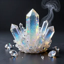 translucent colorful crystals on a dark table, raytraced, beautiful, opals, octane render, beautiful hdr 8 k, realistic, specular, detailed, intricate, glistening, iridescent smoke, light dispersion effect, diamonds, shar modern background wallpaper