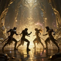 almost silhouette of five fantasy league of legends characters fight with magic in big cave, action scene, lumen reflections, sharpened, insanely detailed and intricate, hypermaximalist, elegant, ornate, hyper realistic, super detailed, digital art, bokeh blur