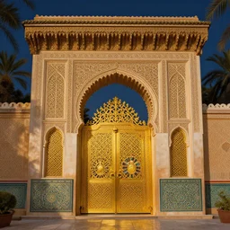 highly detailed intricate golden arabic garden gate at night by murakami and william morris intricate ornate meticulously crafted golden hour 4 k landscape digital painting
