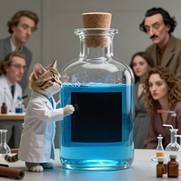 a cute cat dressed as a scientist looking at a a slick modern transparent bottle filled with magic blue iridescent liquid, there is a big black square on the bottle, art highly detailed, by frank frazetta, keith parkinson and greg rutkowski and aleksandra skiba and salvador dali, concept art,
