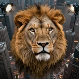 a giant lion head looking at a city from above,looking up,shot from below,photorealiatic,hyperdetailed,hyperrealistic,studio lighting,studio photography,professional photography,professional lighting,detailed face,3 point lighting,4k,digital art,ultra realistic,ultra detailed,art by greg rutkowski,dramatic