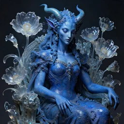 hyper detailed 3 d render. neoclassicist renaissance close - up portrait of singularity blue demon seated, translucents flowers, iridescent textures. highly detailed fantasy science fiction painting. highly detailed fantasy science fiction painting by vrubel and chris cunningham. dark and volumetric. artstation solitude, ultrafine highly detailed hyper colorful illustration