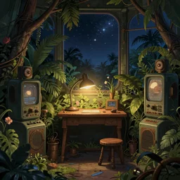 Small desk at night with desklamp inside a steampunk machine room with lush vegetation growing around the machines, tropical trees, large leaves, flowers, beautiful starry night sky showing thought the windows, beatifully lit, vintage science fiction illustration