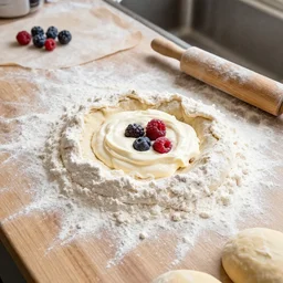 a countertop covered in flour, cream, berries, dough and mess, 4 k, hd