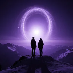 two silhouettes standing on top of a snowy mountain at night looking at a glowing portal to another dimension, purple tones