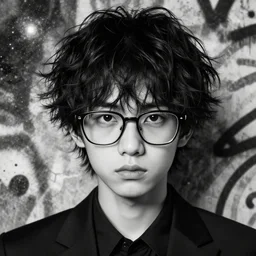 highly detailed closeup portrait of cool black hair shaggy glasses boy, wavy hair, black suit by atey ghailan, by greg rutkowski, by greg tocchini, by james gilleard, by joe fenton, by kaethe butcher, gradient galaxy, black and white color scheme, grunge aesthetic!!! ( ( graffiti tag wall background ) )