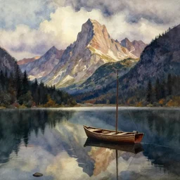 watercolor painting of small lake with fishing boat, reflections, tall mountains and clouds, mythological art by hans gude, ambient lighting and shadows, cinematic light