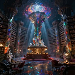 a beautiful matte painting of the inside of a volcanic dichroic glass tavern aztec labyrinth library in dmt fractal trippy psychedelic hyperspace , highly detailed creepily dimly lit exterior with shafts of iridescent light bouncing off crystal columns, by Christophe Vacher and Bastien Lecouffe-Deharme, trending on artstation, narrative realism, deep color scheme,wide angle,highly detailed,v-ray render,photorealistic,4k hd wallpaper
