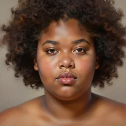 beautiful oil painting of a fat light skinned woman with an afro, beautiful eyes, artstation, volumetric lights, highly detailed, concept art, sharp focus, beautiful face