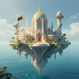 first person perspective digital illustration of a floating water palace by beeple and Roger Dean:1|fantasy, horizontal symmetry, cinematic, architecture:0.9|Unreal Engine, Octane, finalRender, devfiantArt, artstation, artstation HQ, behance, HD, 16k resolution:0.8