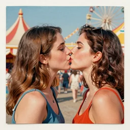 two women kissing at a carnival, mixed media collage, retro, paper collage, magazine collage, acrylic paint splatters, bauhaus, layered paper art, sapphic visual poetry expressing the utmost of desires by jackson pollock