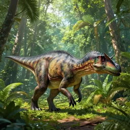 giant spinosaurus walking through a tropical forest
