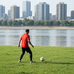 pekingman play football near the river bank in china