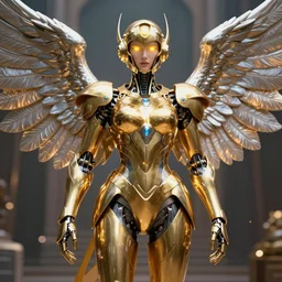 maria of metropolis, humanoid robot, golden full body armor, wide deployed silver wings, beautiful helmet in the shape of a face, glowing yellow eyes, scifi, glowwave, futuristic, raytracing, cinematic lighting, artstation, divine, unreal engine 5 rendered, art style by pixar warner bros dreamworks disney and kazuya takahashi