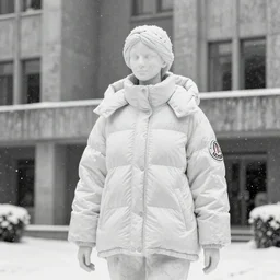black and white photo of snow falling on a white statue wearing a puffer jacket, oversized winter jacket on statue, the statue is female with a nylon white parka, white cracked marble statue, in the background is a snowy concrete brutalist building, the statue is wearing a haute couture winter jacket by moncler genius, the statue is made of white marble, everything is white marble, sharp focus, depth of field, clear focus, beautiful, denoise, clean, japanese fashion