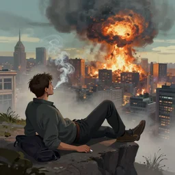 a man relaxing on a cliff, smoking a cigarette while watching a city blow up, digital art trending on artstation