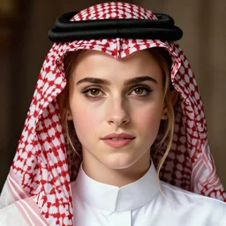 intricate hyper detailed ultra sharp portrait of emma watson with saudi arabian shemagh ghutra agal and white thobe, up close shot, sharp focus, global illumination, radiant light, octane render