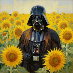 darth vader in amazing tall sunflower field, her hair flowing down, subtle, intricate details, real masterpiece, oil on canvas, by stanhope forbes, lucian freud