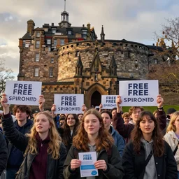 a crowd of diverse young people with banners celebrating the announcement of free sanitary products in front of edinburgh castle