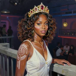 palette knife oil painting portrait of young whitney houston, a queen - with gold tiara with rubies and diamonds, woman in white dress and australian aboriginal body paint, concrete balcony, nightclub, artstation trending, artgerm, any racial background, deviant art, hipster, octane, substance, art history 8 k